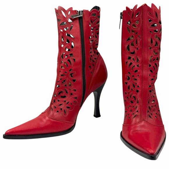 ANGELA FALCONI LASER CUT BOOTS CHERRY RED LEATHER BOHO COWGIRL SIZE 37 6.5 7 - Picture 1 of 6